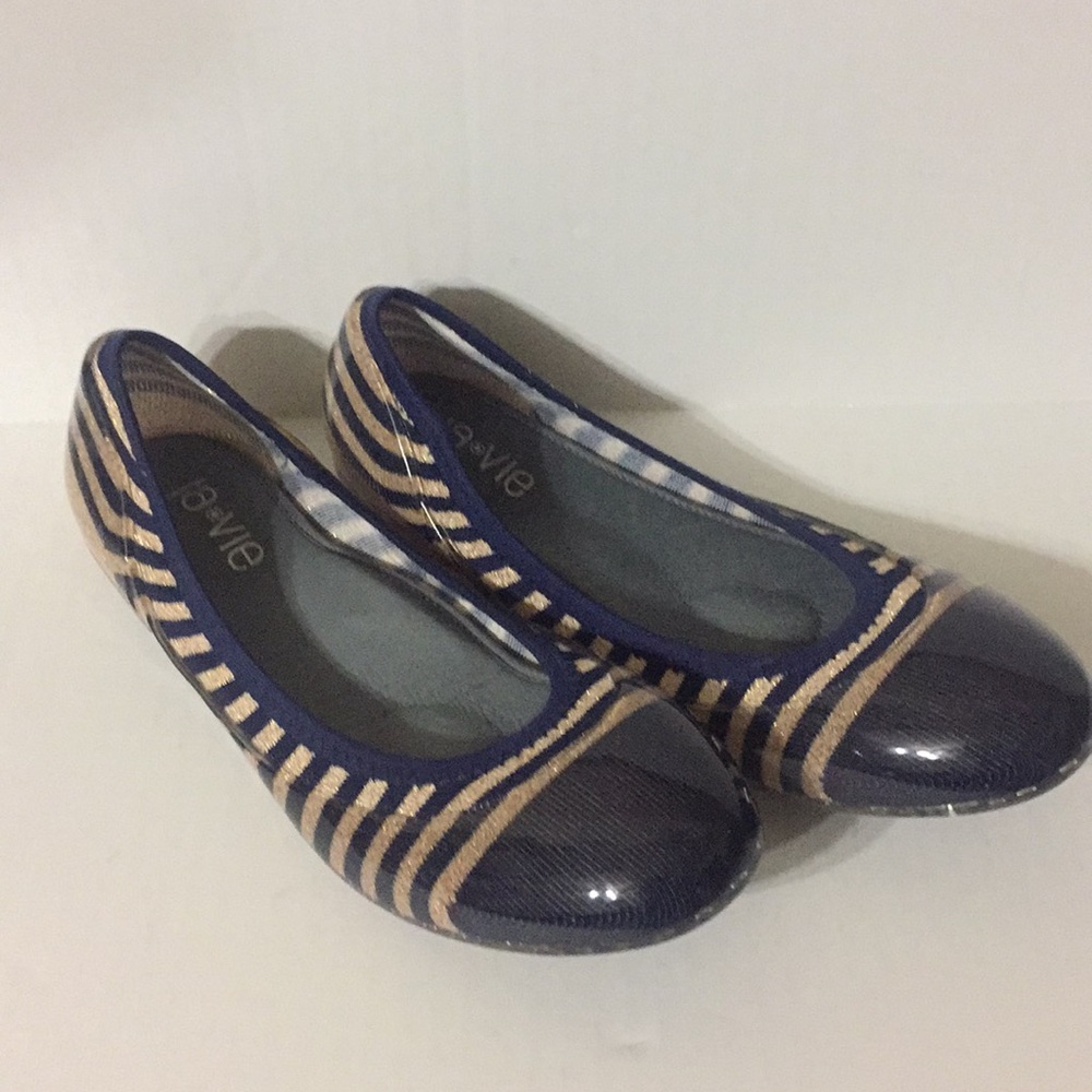 JA-VIE GOLD CAP/NAVY RUGBY STRIPE JELLY FLATS S 40